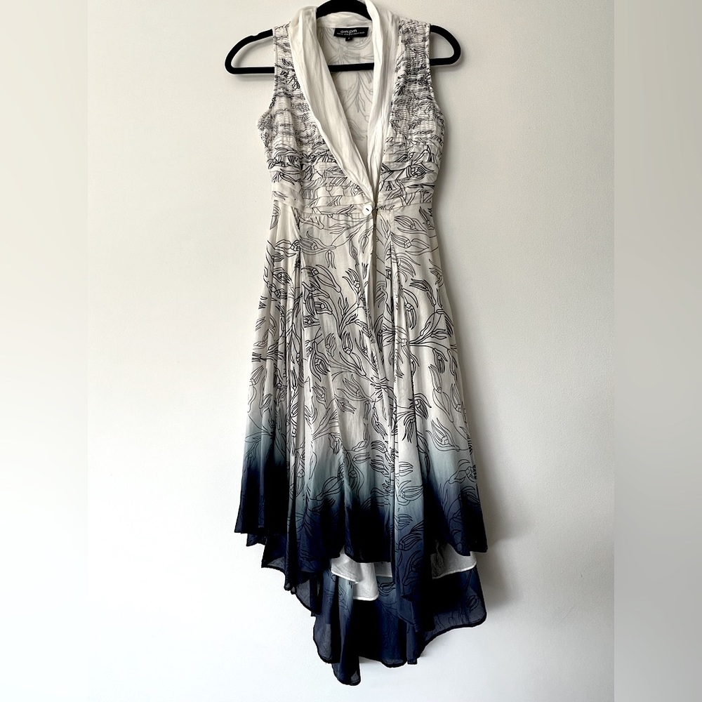 Anthropologie high low wrap black and white floral print with blue ombré XS